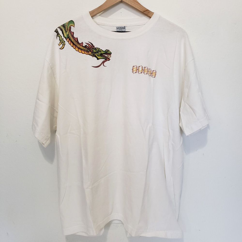 Vintage Guess Men Unisex SIZE XL White Short Sleeve Dragon Print Shirt FLAW USA